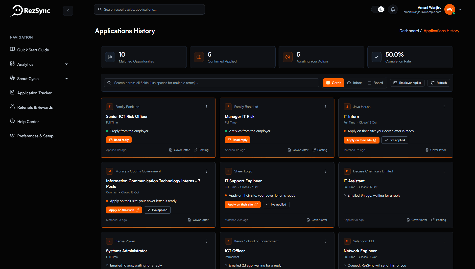 RezSync application tracker: employer replies, roles that need you, and applications sent